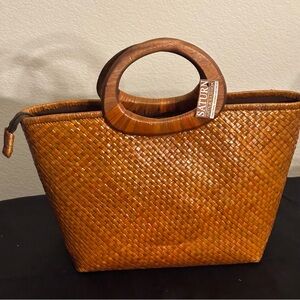 Brown Rattan Woven Women's Tote Bag Wood Handles
